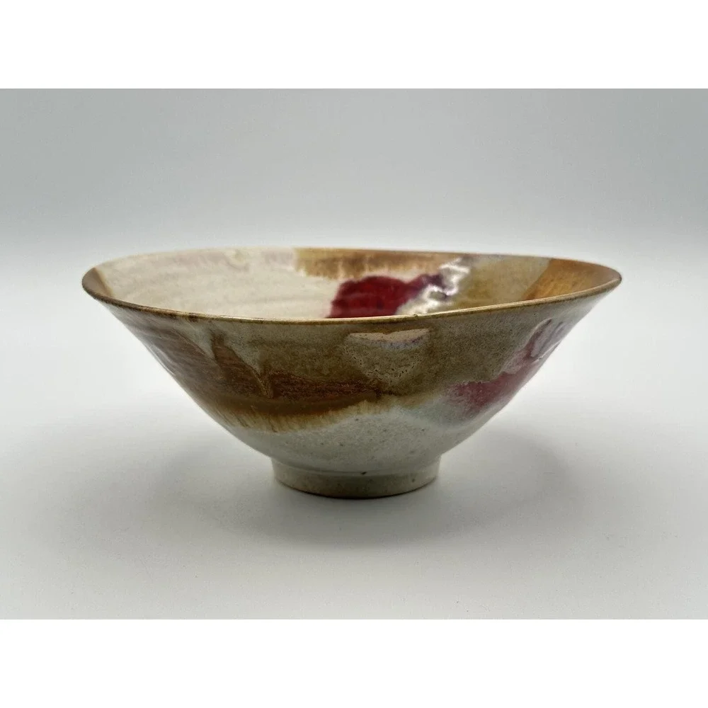 Artist‑Signed Handmade Pottery Bowl — Multicolor Earth‑Tone Glaze